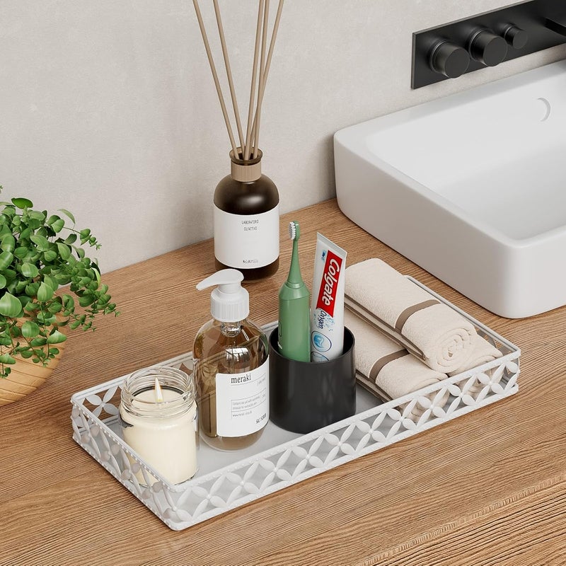 EKNITEY Bathroom Vanity Tray - Small Rectangle Decorative Tray - 11 Inch White Perfume Makeup Tray for Bathroom Counter - Image 2